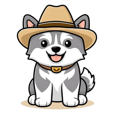 Malamute puppy wearing cowboy hat and smiling sticker