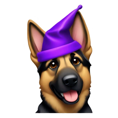 German shepherd with a purple Christmas hat sticker