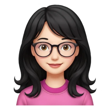 Please generate a portrait of a pretty girl with long, wavy, black hair. She's smiling. She also wears a middle parting and bangs. with glasses pink clothing sticker