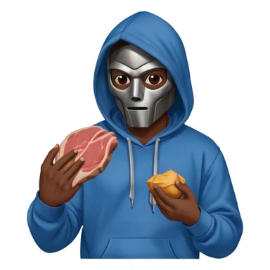 MF DOOM in a blue hoodie holding a piece of meat sticker