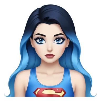 very very large chest-stunning beautiful face-black leggings-glitter lipstick-very long straight dark blue to light blue ombre hair-and-blue eyes-a lot of black eyeliner-thick long eyelashes-sky blue low tanktop with glitter superman logo-no gloves sticker