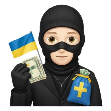 create an incredibly realistic white thief in a black suit and balaclava with a bag of money and a Ukrainian flag on it sticker