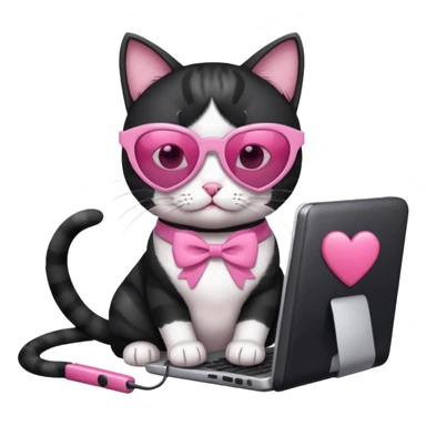 Black and white cat with pink ribbon and black cool sunglasses doing pink computer with pink heart sticker