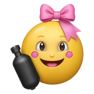 A happy face emoji holding a bomb and the bomb has a cute pink bow on the bomb sticker