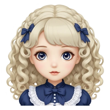 Pale girl with soft curly ash blonde-navy hair, grey eyes, doll-like makeup, wearing a navy lolita hime gyaru dress emoji. sticker