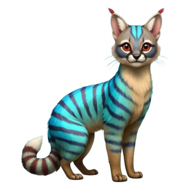 Colorful exotic shiny striped cobalt-blue-cyan-iridescent-gradients-colored fur coat with red markings tropical glorious divine exotic cute cool beautiful realistic caracal-civet-genet-sergal-vernid-Cacomistle-Trico-oncilla-animal-Fakémon-hybrid-fursona (full body) sticker