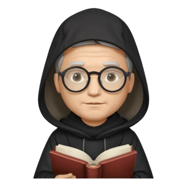 Monk priest prayer black habit with hood round black glasses done light brown wavy hair under hood remove the medallion smaller more round glassed age 46 no necklace more oval face hand holding book that says RB 480 top left is great add a little hair brown gray under hood  sticker