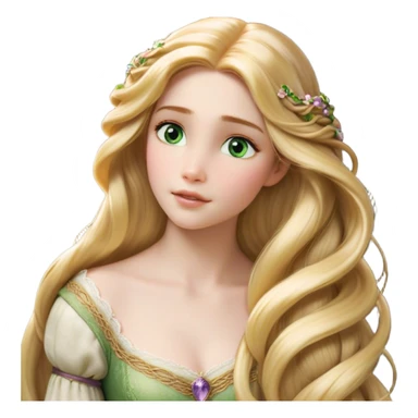 Cinematic Realistic Rapunzel Portrait, with porcelain-like skin featuring a subtle, natural glow, illuminated by soft lighting that brings out the gentle contours of her face. Her long, golden blonde hair cascades in detailed waves, each strand highlighted with a radiant shimmer as it catches the light. Her bright, expressive green eyes exude curiosity and warmth, framed by delicate lashes and soft, arched brows. Her expression is playful and vibrant, with a gentle smile. She is dressed in her classic lavender and pink gown, the fabric textured with delicate folds that flow naturally, catching the light with a soft, radiant glow. The portrait captures a luminous, enchanting aura, seamlessly blending realism with a whimsical, fairytale charm, evoking a timeless sense of beauty and magic. sticker