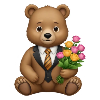 A bear sitting down wear a tie and holding a 💐 sticker