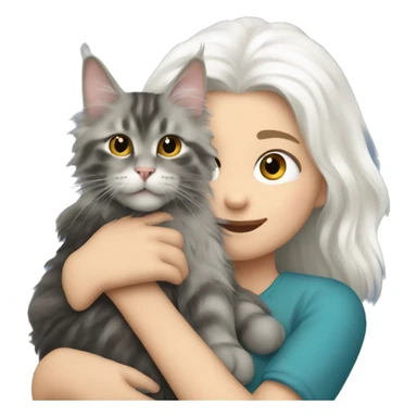 A girl with white hair holds a Maine coon cat in her arms sticker