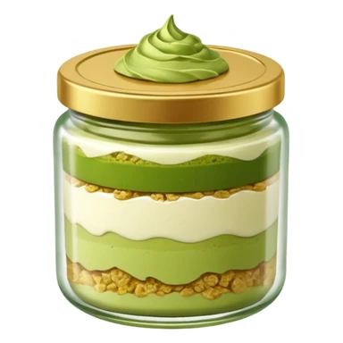 A small round glass jar with a gold lid, filled with layered dessert: creamy white base, green matcha layer in the middle, and a crunchy topping on top.

 sticker