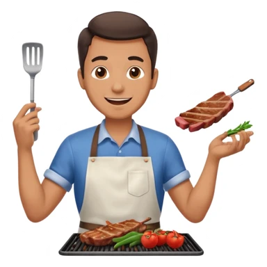 A cheerful man in an apron flipping meat on a sizzling grill with smoke puffing upward. sticker