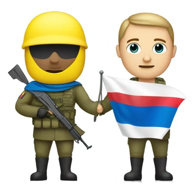 a soldier who holds the Russian flag in one hand and the Ukrainian flag in the other sticker
