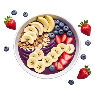 A vibrant açaí bowl with a deep purple smoothie base, topped with neatly arranged banana slices, fresh strawberries, blueberries, granola, and coconut flakes. The bowl is modern and minimal, with clean lines and a balanced composition. Flat, digital illustration, cartoon style, icon, white background, iOS emoji aesthetic. sticker