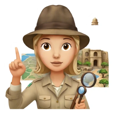 Icon for Documentary Film (TV style): A traveler pointing backward and narrating in front of ancient ruins. Include elements like historical landmarks, maps, and exploration tools to evoke a sense of adventure. Transparent background. sticker