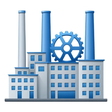 "A minimalist vector icon of a modern manufacturing factory building with a gear symbol above it. Blue and grey color scheme, flat design, white background, simple thick lines, professional business logo style." sticker