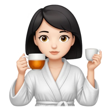 White girl with brown eyes and short black hair drinking a cup of tea in a bathrobe sticker