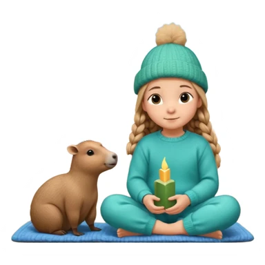 A cute 11-year-old girl with light brown braids in front, wearing emerald green cozy sweater and blue pajama pants, sitting with a fluffy capybara wearing a tiny knitted hat, warm pastel illustration style, soft lighting, Moscow Kremlin spire visible through window in background, 3D render sticker
