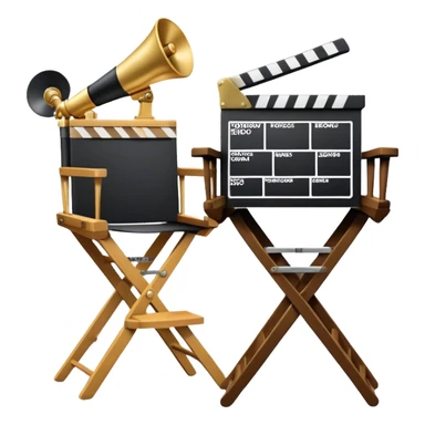 Icon for Directing: professional collage with director's chair, a film slate, a megaphone and an Oscar statuette. The icon should represent the creative and leadership aspects of directing, with focus on film and theater production. Transparent background. sticker