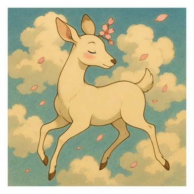 feminine adult vanilla cloud doe with rosy cheeks and cherry flowers, floating gracefully, Ghibli style sticker