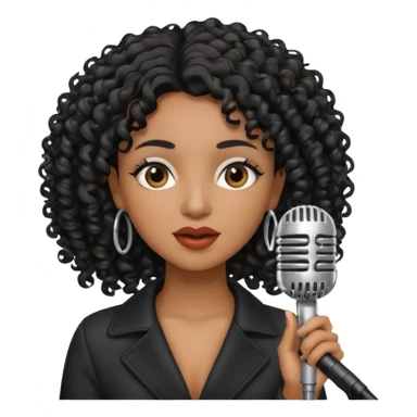brown skin woman, curly black hair, singer, hold micro sticker