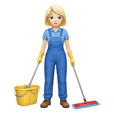 middle-aged women, Custodian with yellow rubber gloves, white T-shirt, blue overalls, mopping floor sticker