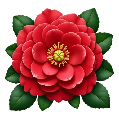 Traditional red camellia japonica (tsubaki) flower with perfectly symmetrical layered petals and glossy dark green leaves sticker