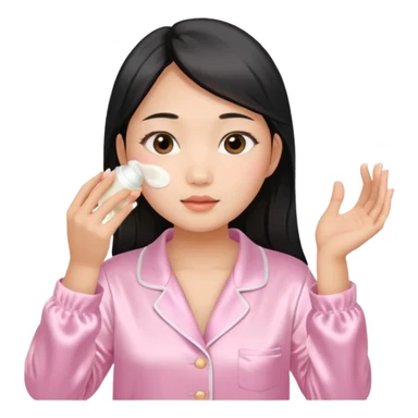 angelic asian girl doing skin care in baby pink pajamas, applying cream to her face sticker