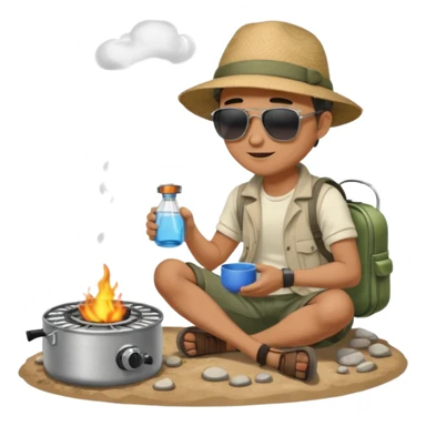 A man camper boiling water on a portable stove, enjoying the outdoor breeze sitting on the ground
 sticker