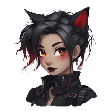 Gorgeous gothic dark techwear anime style anthro cat with blushing face aesthetic and pretty edgy black red punk messy ponytail hair with collar and harness trending style sticker