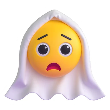 yellow emoji dressed as a ghost with exaggerated scared expression, white sheet with eye holes sticker
