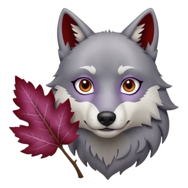 A wolf with lilac gray eyes and holding a weirwood leaf sticker