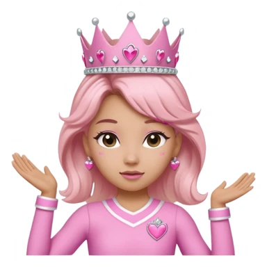 make a cheerleader wearing pink, leaving to the side and tilting head away from her right hand which is against the side of her head facing up forming part of a crown and have her other hand on her hip. then make her hair flipping in a high pony with a pink bow that has hearts made out of rimestones sticker