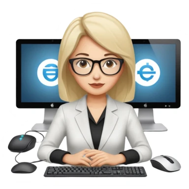 a woman developer in a meeting on a table, with others developers, in the background a mainframe computer sticker