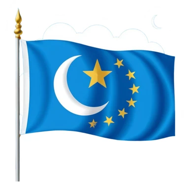 East Turkistan flag, bright sky-blue background, white crescent moon and five-pointed star in top-left corner, flat vector style, simple and clear design. sticker