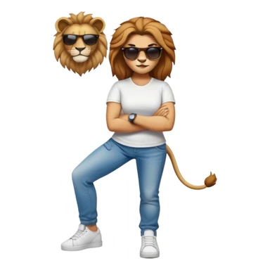 female lion character, full body, standing with arms crossed, wearing jeans, white t-shirt, trainers, dark sunglasses, strong and determined look sticker