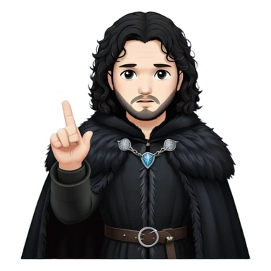 Jon Snow from Game of Thrones, dressed in black fur cloak, with long curly hair and a serious expression, raising his middle finger. sticker