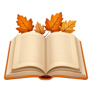 Minimal flat emoji of an open book with autumn leaves around it, cozy fall theme, simple line art, neutral beige background, black outlines, subtle orange and brown accents, clean modern style inspired by Notion graphics, symbolizing a Fall Reading Challenge. sticker