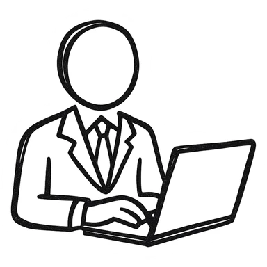 A person in a business suit working on a computer sticker