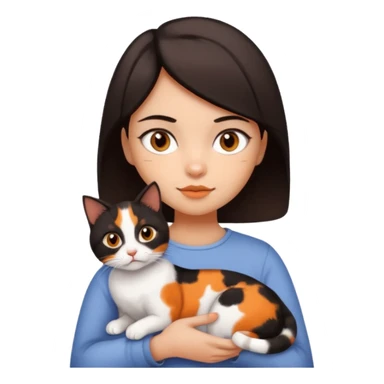 Girl with dark brown eyes and really dark brown short hair without bangs holding a 3 colored calico cat,(black, white and orange) sticker