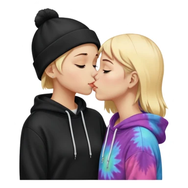 Short short haired white girl in a hoodie and a black beanie kissing a tall short long blonde haired girl wearing a black beanie and a tiedye hoodie sticker