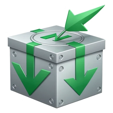 closed box with a circular arrow and green checkmark icon above the box, upper right sticker