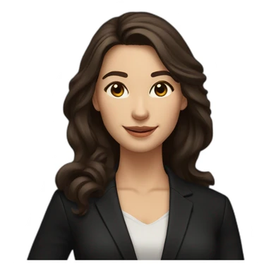 Caucasian Woman with voluminous long dark brown hair, dark brown eyes, pretty smile, dressed with a black blazer and pointing upwards sticker