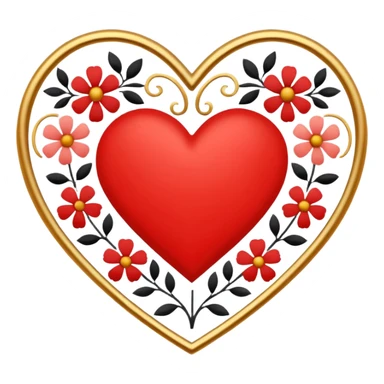 red heart with a simple Scandinavian floral folk motif inside, colorful motif with black outline, simple and bold for small size, gold embossed border around the red heart sticker