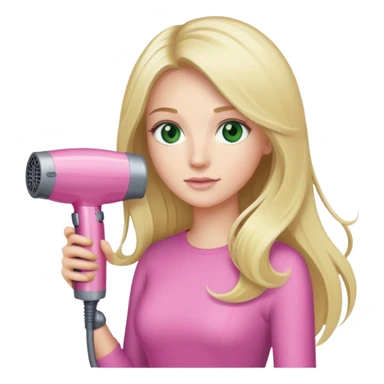 blonde with long hair and swamp eyes holding a pink Dyson hair dryer sticker