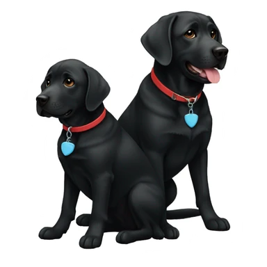 2 black labradors. one on the left black, smaller size. The dog on left black with a light blue collar. dog on right with red collar. sticker