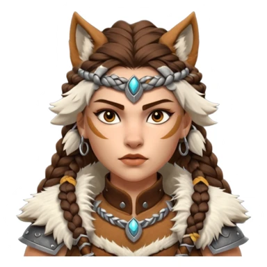 barbarian woman wolf rider portrait, head and shoulders only, fierce female warrior, fur-lined barbarian armor collar, wolf fur details, wild braided hair, intense eyes, tribal warrior vibe, fantasy style, 3D cartoon, mobile game icon style, clean background, no text, no watermark
 sticker