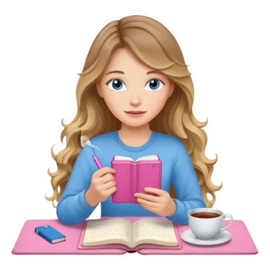 pretty female with long wavy brown hair with blonde highlights and blue eyes writing in a relaxed position in a pink journal with a cup of tea sticker