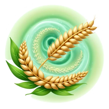 Golden wheat ear floating next to green leaves, surrounding an ethereal digestive system in a spiral form. Small cleansing sparkles flow like a river of light, clearing paths and creating internal lightness. The scene shows fiber's cleansing effect on the digestive tract. sticker