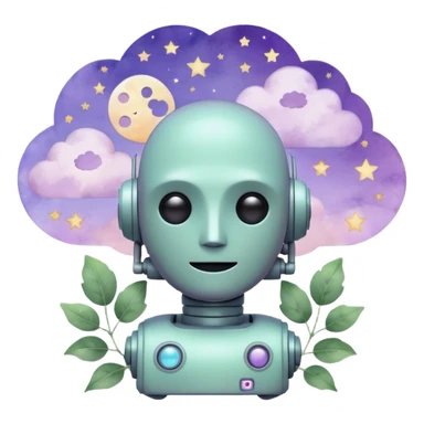 watercolor-style emoji of a robot head silhouette with “AI” inside a lilac cloud, connected to a soft circuit shape. gentle pastel palette (sage green, blush, lilac), surrounded by leaves, moon, and stars — poetic and calm aesthetic. sticker